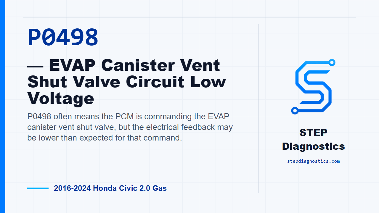 P0498 — EVAP Canister Vent Shut Valve Circuit Low Voltage for 2016-2024 Honda Civic 2.0 Gas