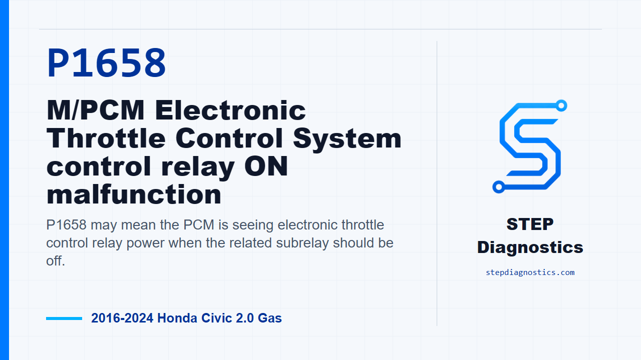 P1658 M/PCM Electronic Throttle Control System control relay ON malfunction for 2016-2024 Honda Civic 2.0 Gas