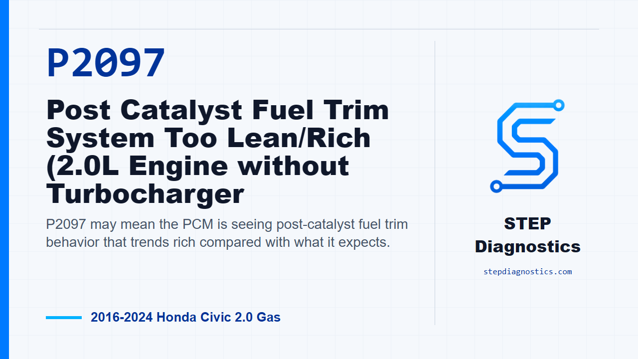 P2097 Post Catalyst Fuel Trim System Too Lean/Rich (2.0L Engine without Turbocharger - 2016-2024... for 2016-2024 Honda Civic 2.0 Gas