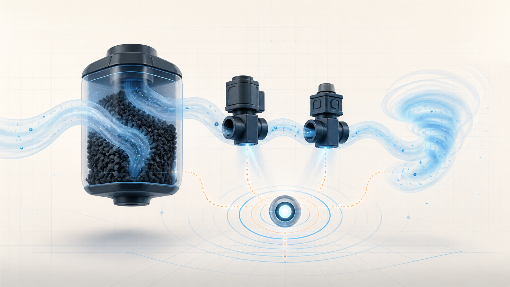 Abstract EVAP system illustration showing charcoal vapor storage, purge and vent control, fresh-air flow, and pressure feedback