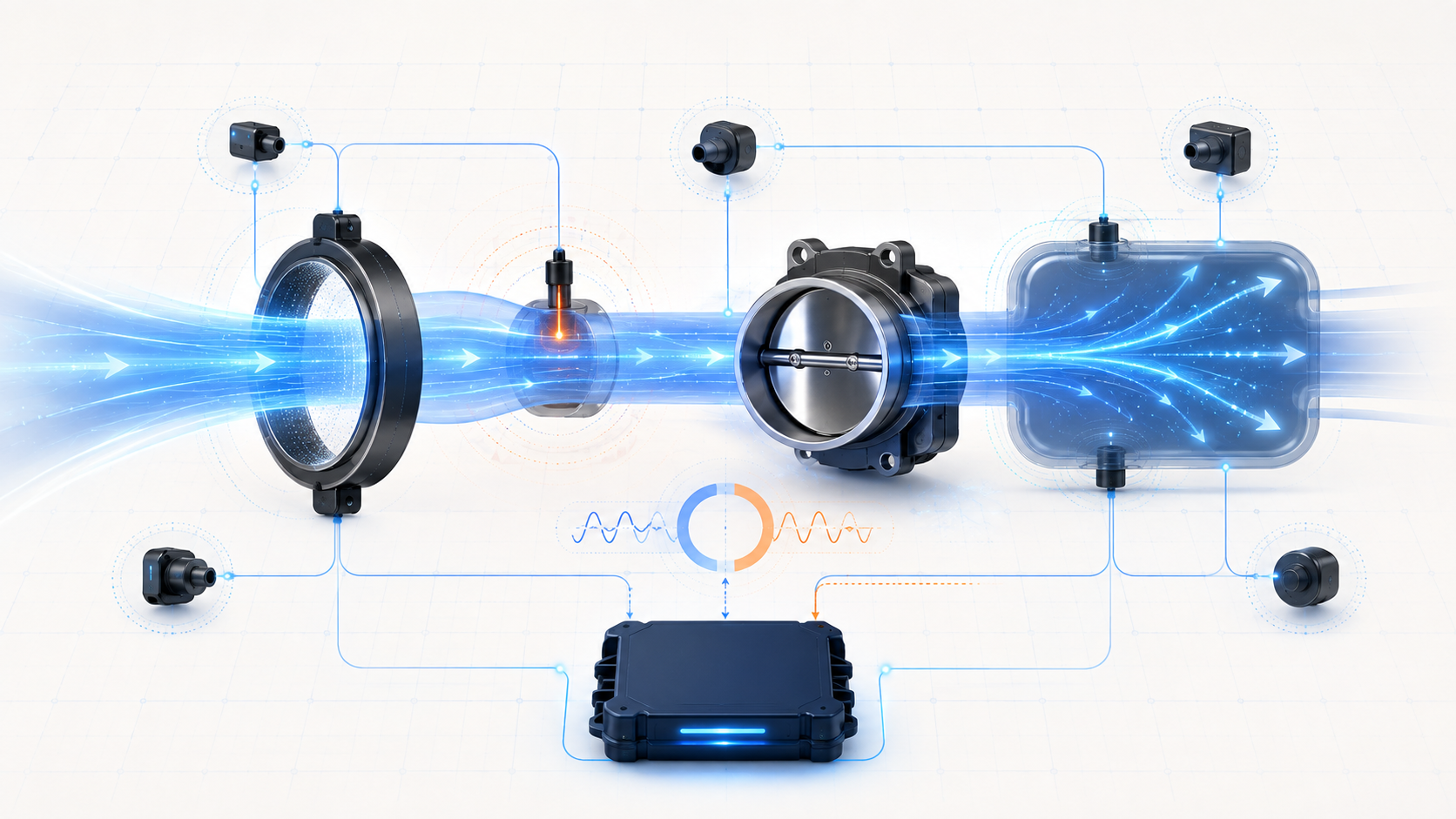 Abstract airflow and load sensing illustration showing measured airflow, temperature and pressure context, a throttle aperture, sensor feedback, and electronic control comparison