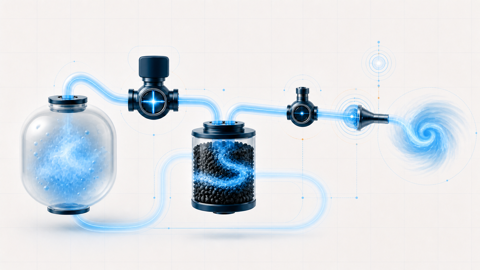 Abstract EVAP system illustration showing vapor storage, charcoal filtration, valve isolation, boost-assisted purge, and pressure feedback
