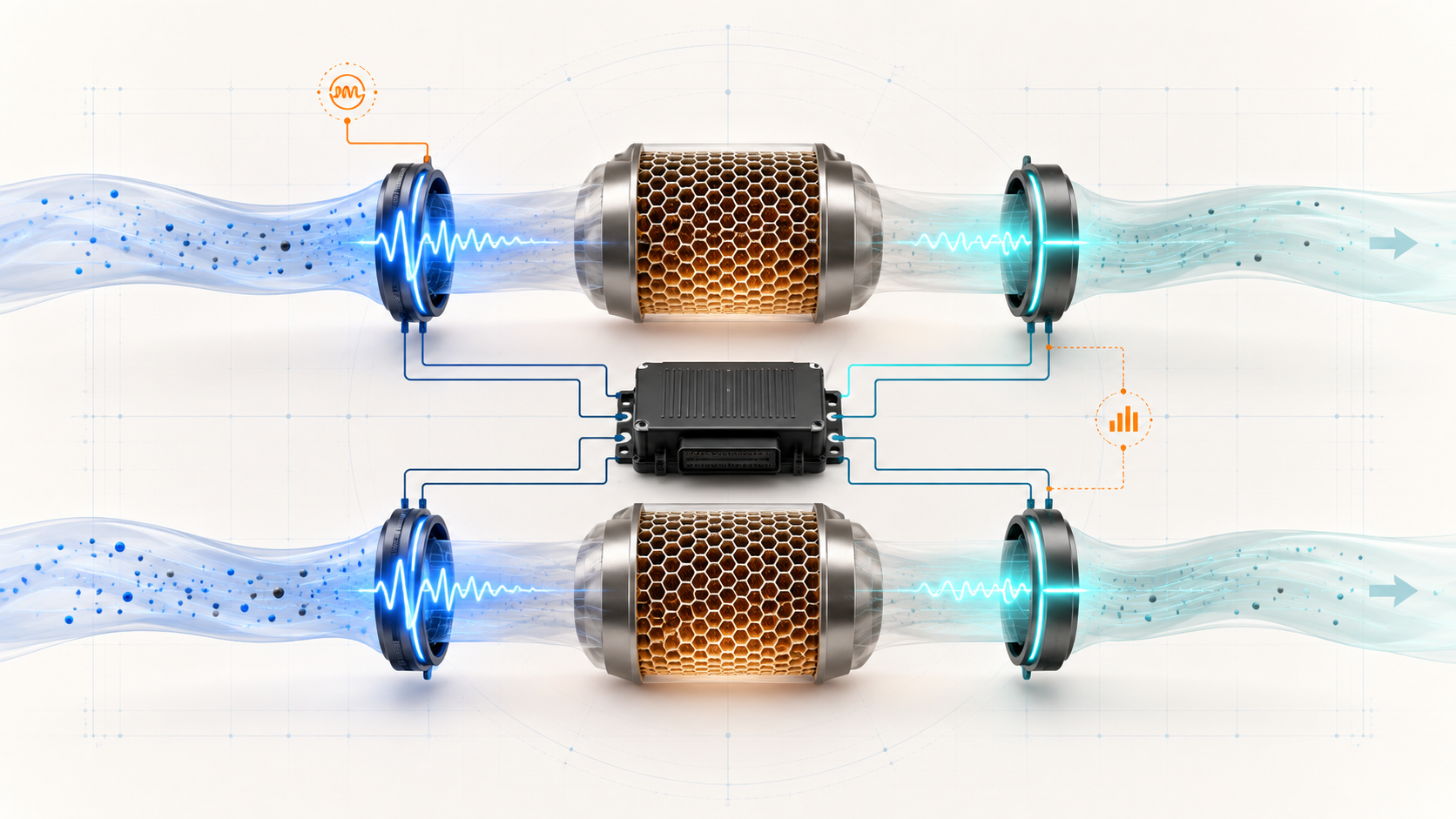 Abstract two-bank oxygen sensor and catalyst monitoring illustration showing upstream feedback, catalyst sections, downstream sensing, heater monitoring, and control signals