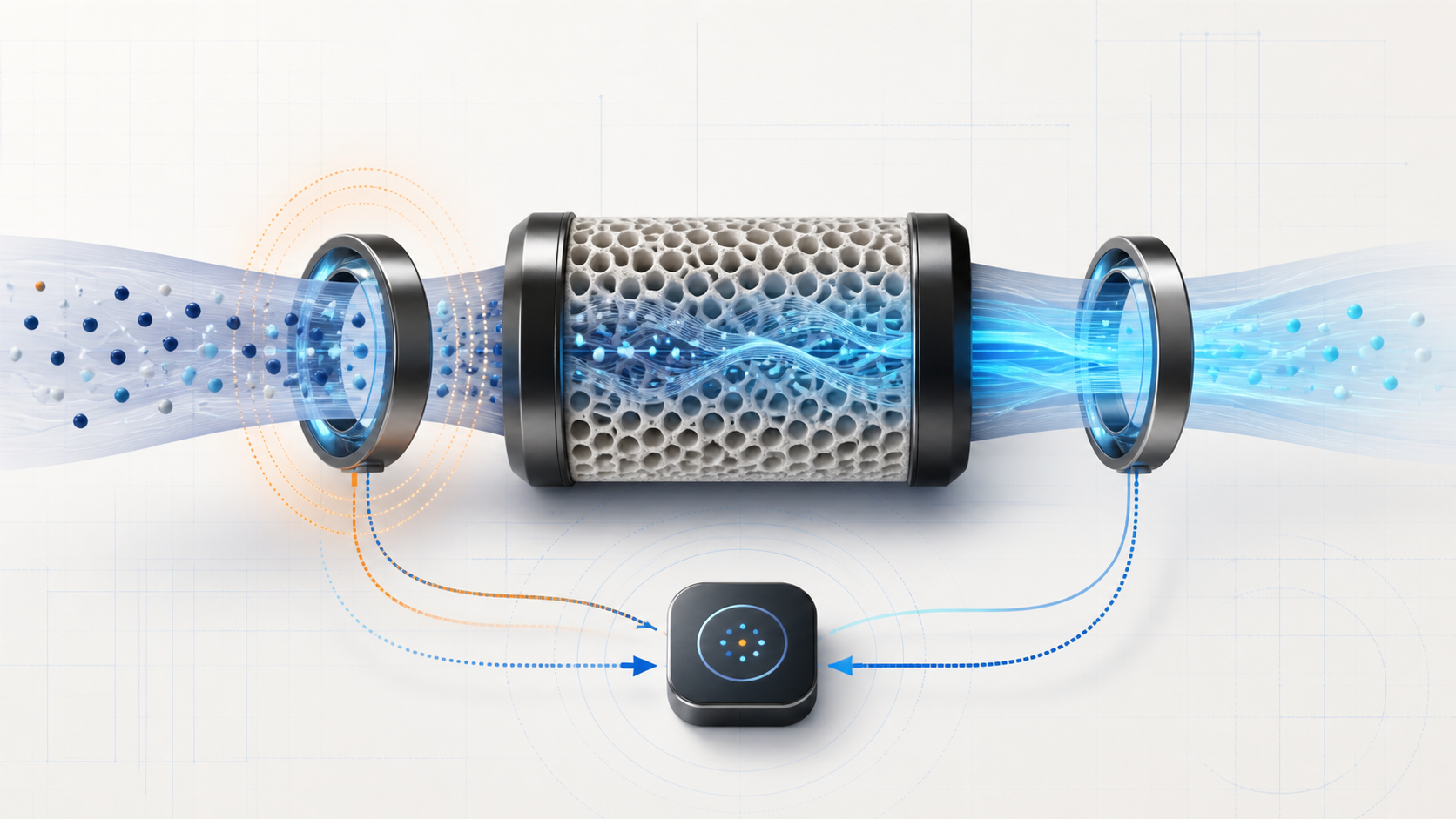 Abstract oxygen-sensor and catalyst-monitoring illustration showing upstream heating, exhaust feedback, oxygen storage, downstream sensing, and electronic comparison