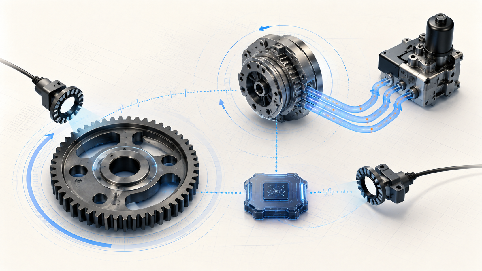 Abstract engine timing illustration showing a crankshaft timing wheel, a camshaft phaser, separate position sensors, hydraulic control, and electronic feedback
