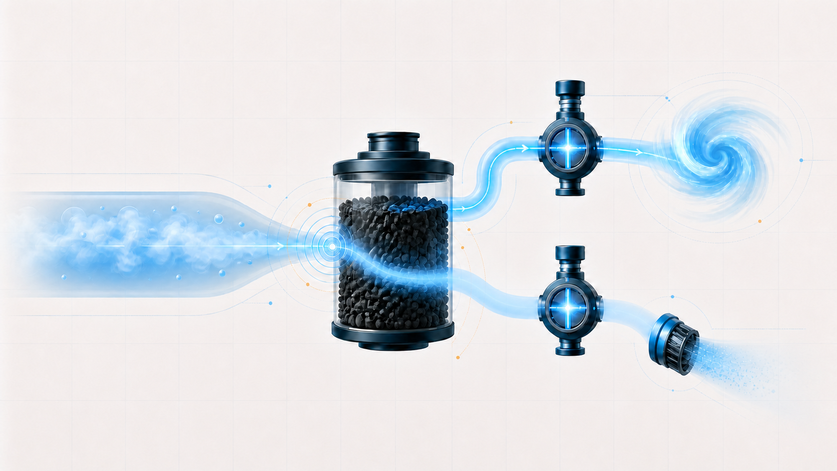 Abstract EVAP system illustration showing charcoal vapor storage, purge and vent control, fresh-air flow, leak sensing, and pressure feedback