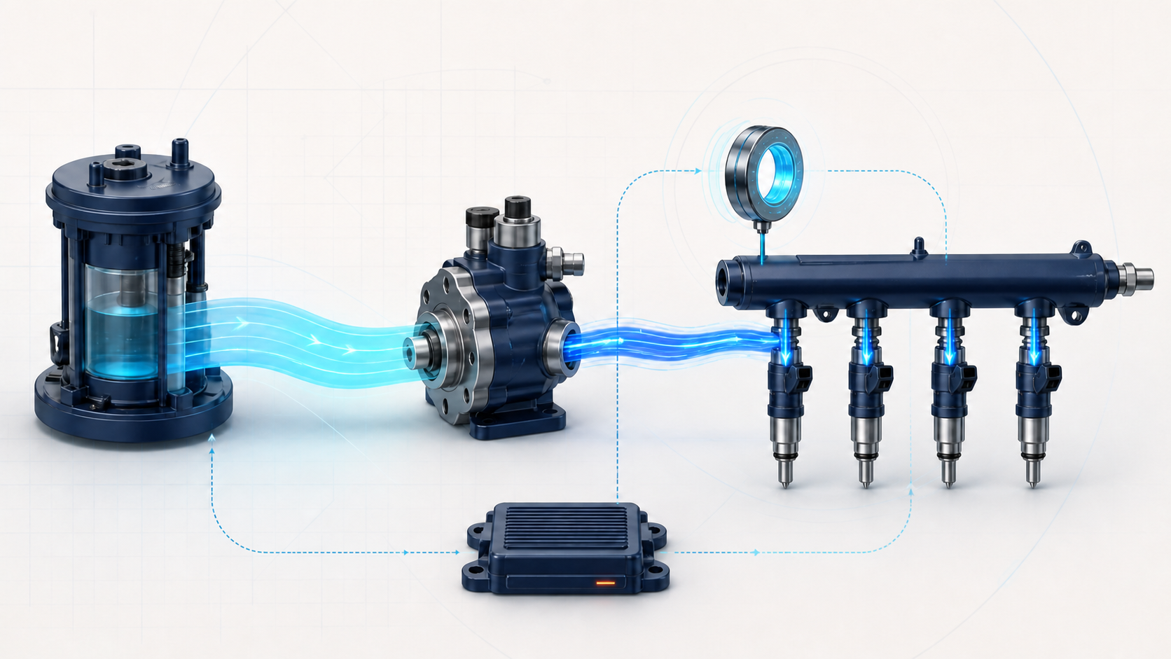 Abstract fuel system illustration showing low-pressure supply, high-pressure generation, rail distribution, injector metering, pressure sensing, and electronic feedback
