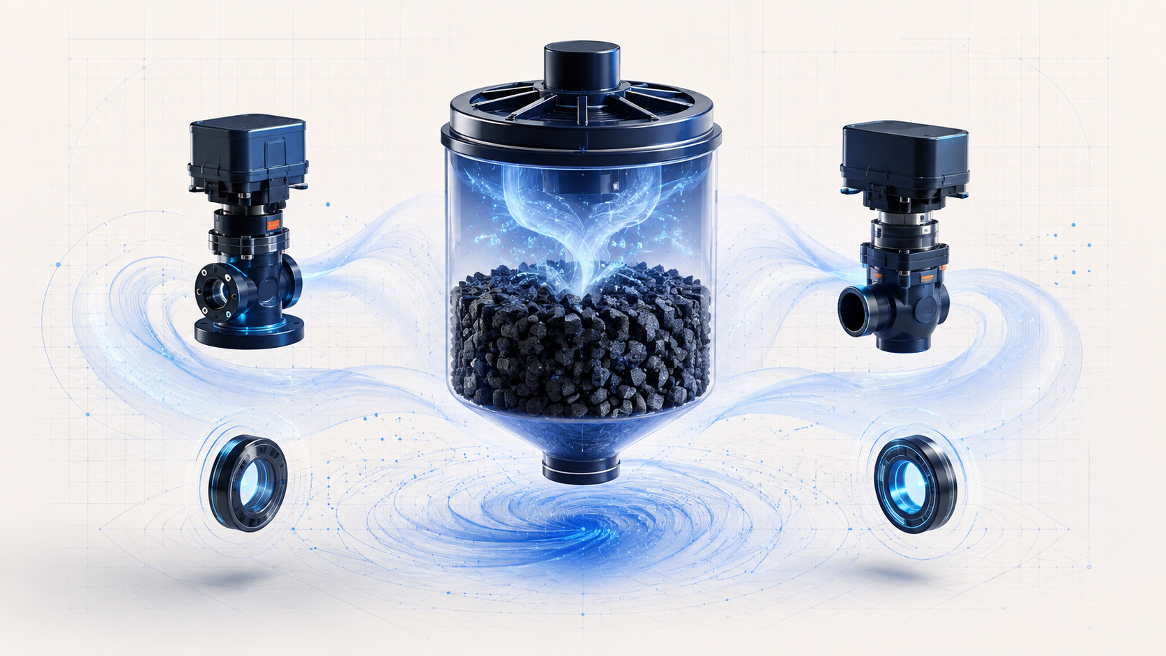 Abstract EVAP illustration with dry charcoal vapor storage, separate valve modules, pressure rings, and conceptual airflow ribbons
