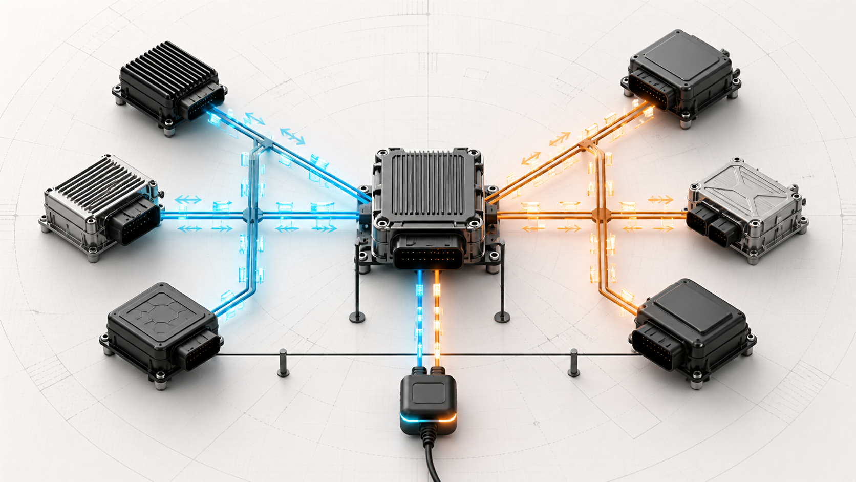 Abstract vehicle network illustration showing control modules, two communication domains, a central gateway, bidirectional data flow, and a diagnostic interface