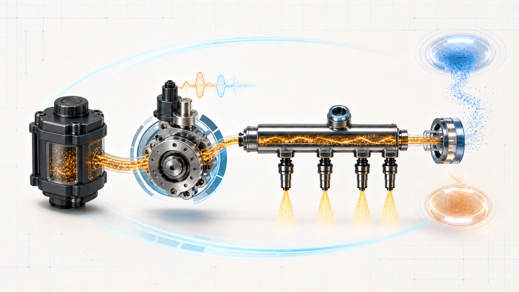 Abstract fuel system illustration showing low-pressure supply, high-pressure generation, rail pressure sensing, four-injector metering, electrical pump control, and feedback analysis