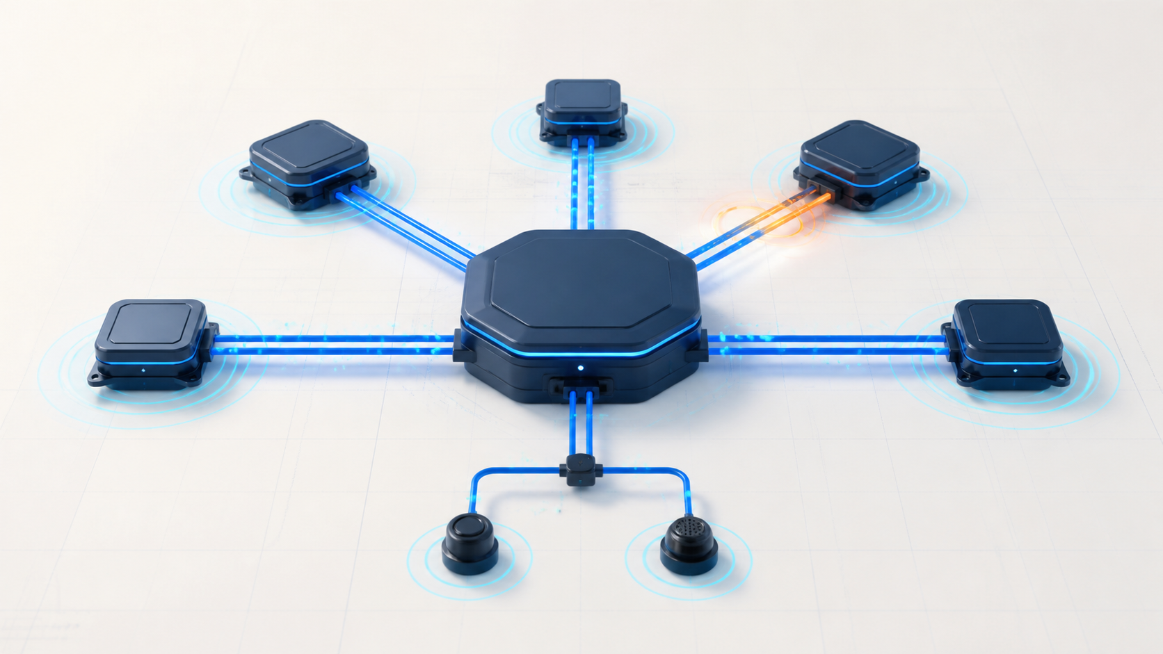 Abstract vehicle network illustration showing control modules, paired communication paths, a central gateway, a local branch, and diagnostic signal flow