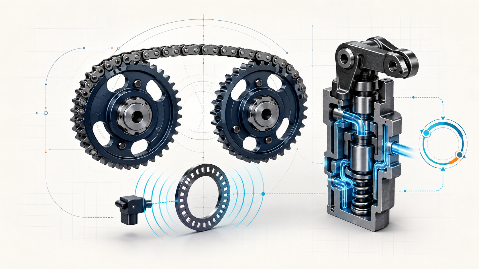 Abstract engine timing and valve-control illustration with chain-driven gears, a position-sensing ring, and a separate hydraulic control module