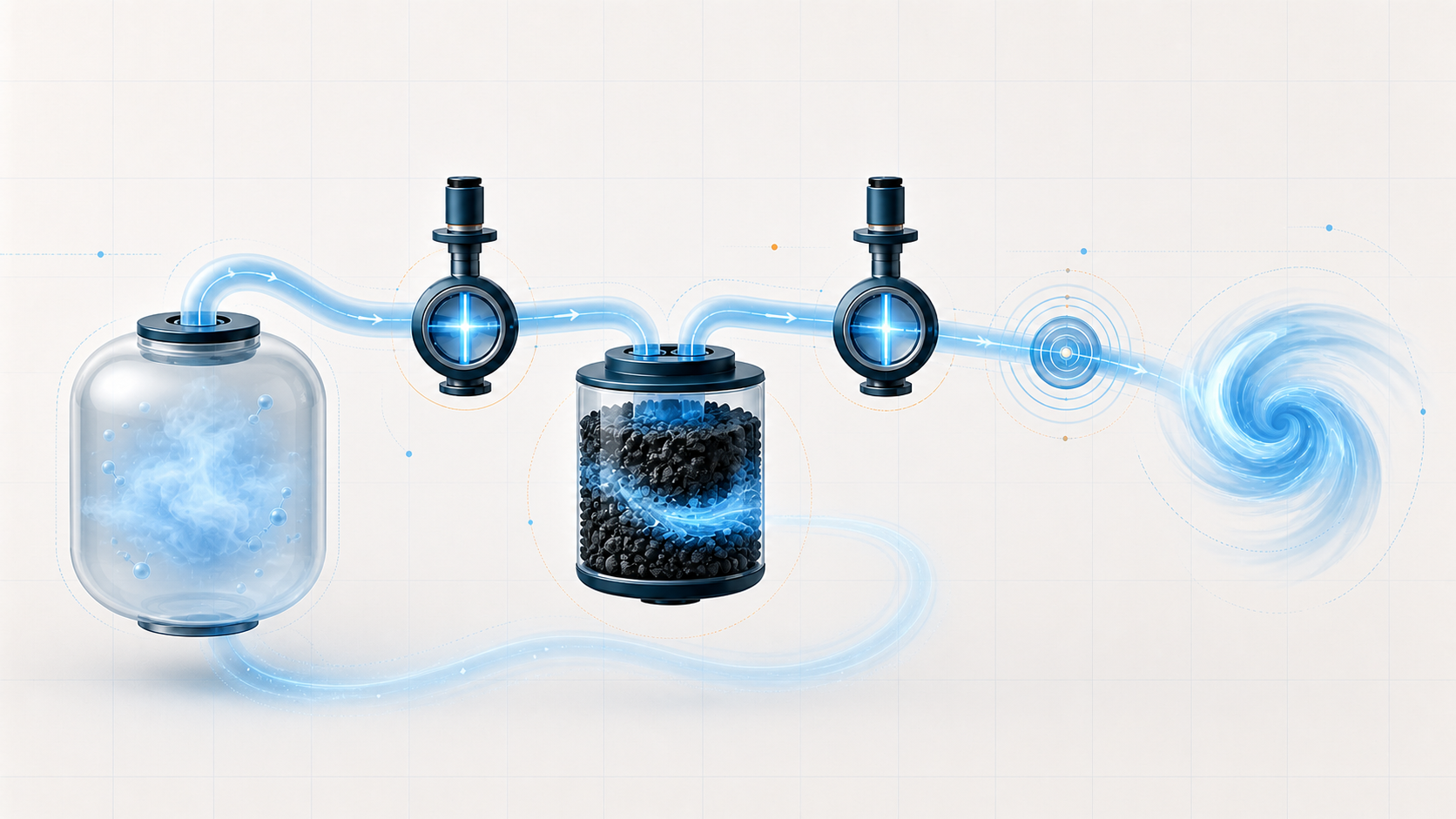 Abstract EVAP system illustration showing vapor storage, charcoal filtration, valve control, pressure sensing, and airflow