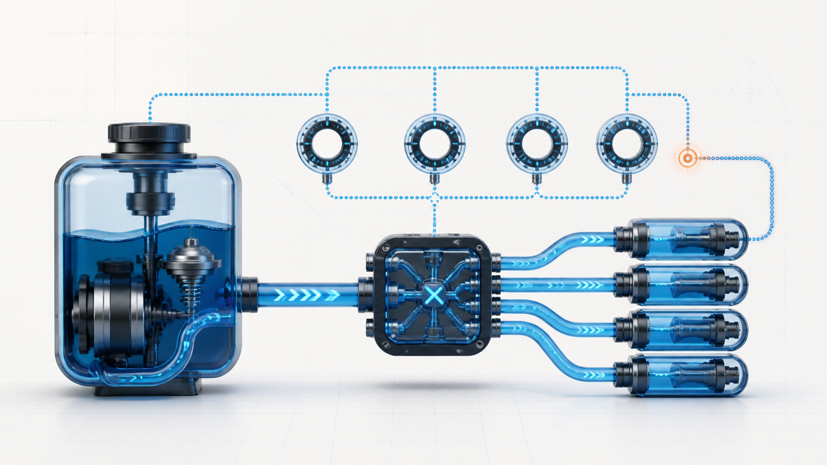 Abstract fuel-system illustration with an enclosed supply chamber, metering module, four flow cells, and conceptual feedback rings