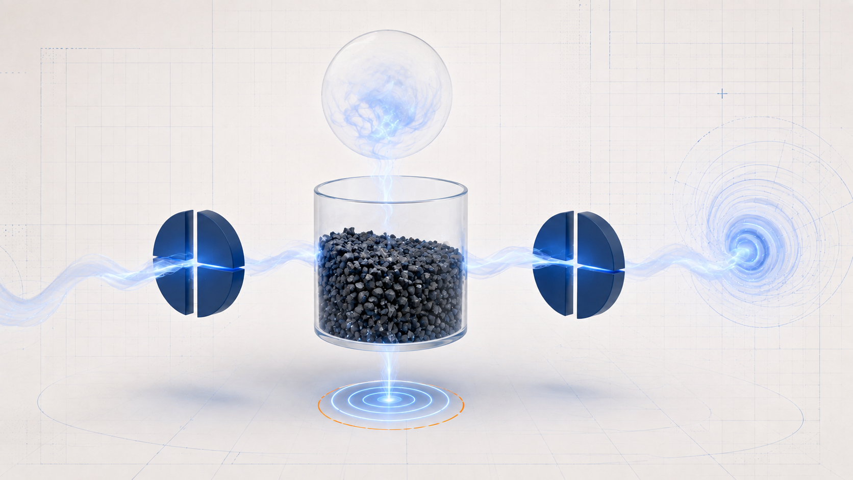 Abstract EVAP illustration showing vapor storage, dry charcoal granules, generic flow gates, pressure sensing rings, and an intake vortex