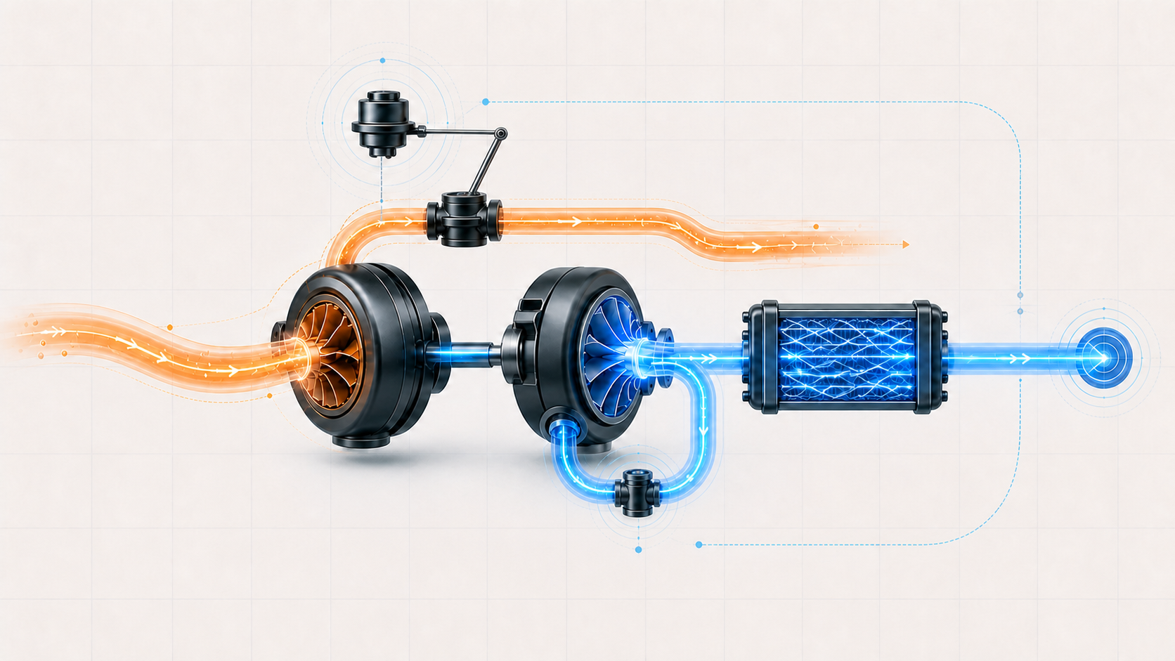 Abstract turbocharger system illustration showing exhaust-driven turbine energy, compressor airflow, charge-air cooling, wastegate control, bypass flow, and pressure feedback