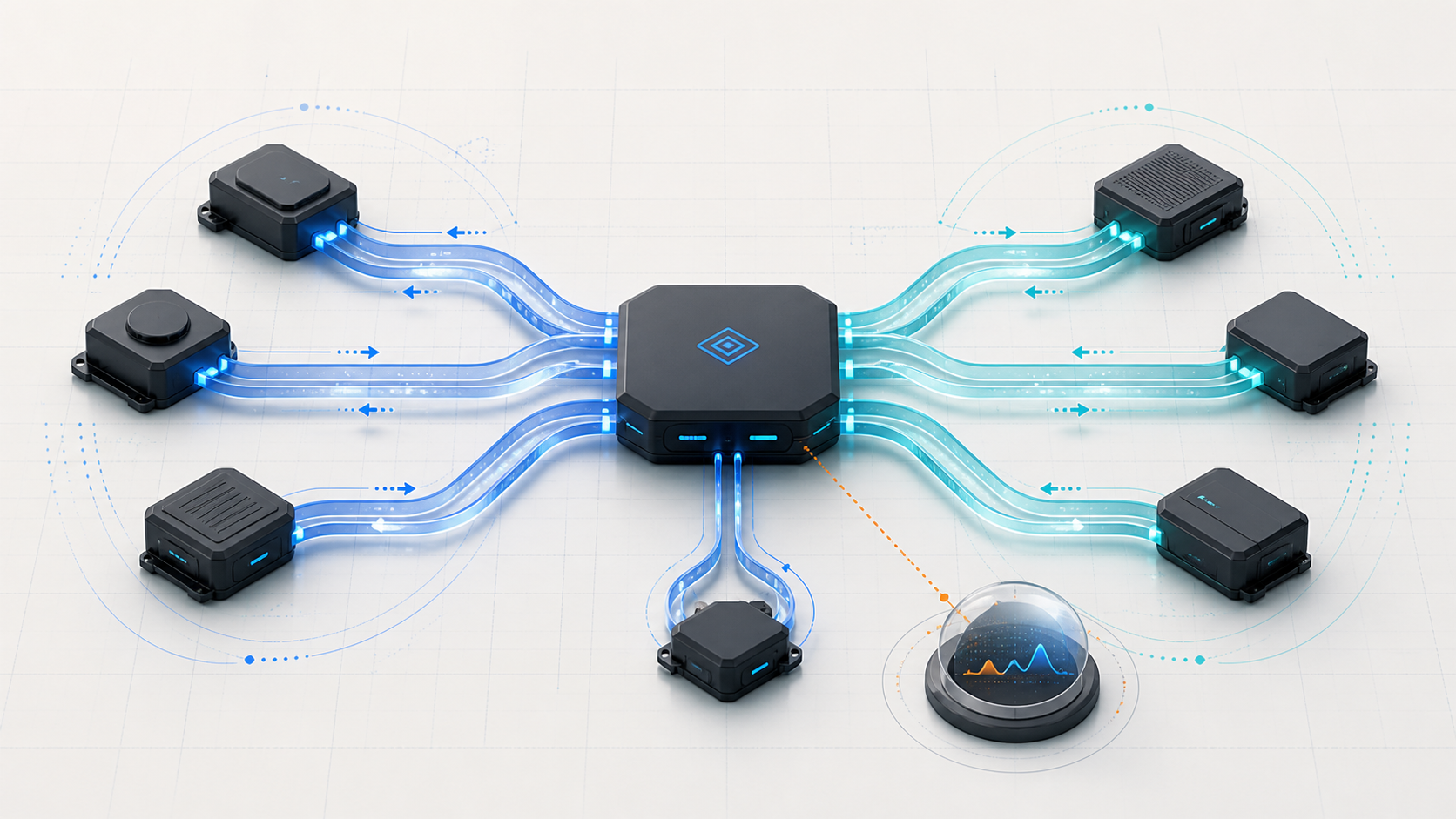 Abstract vehicle network illustration showing control modules, two communication domains, a central gateway, bidirectional data flow, a local branch, and diagnostic observation