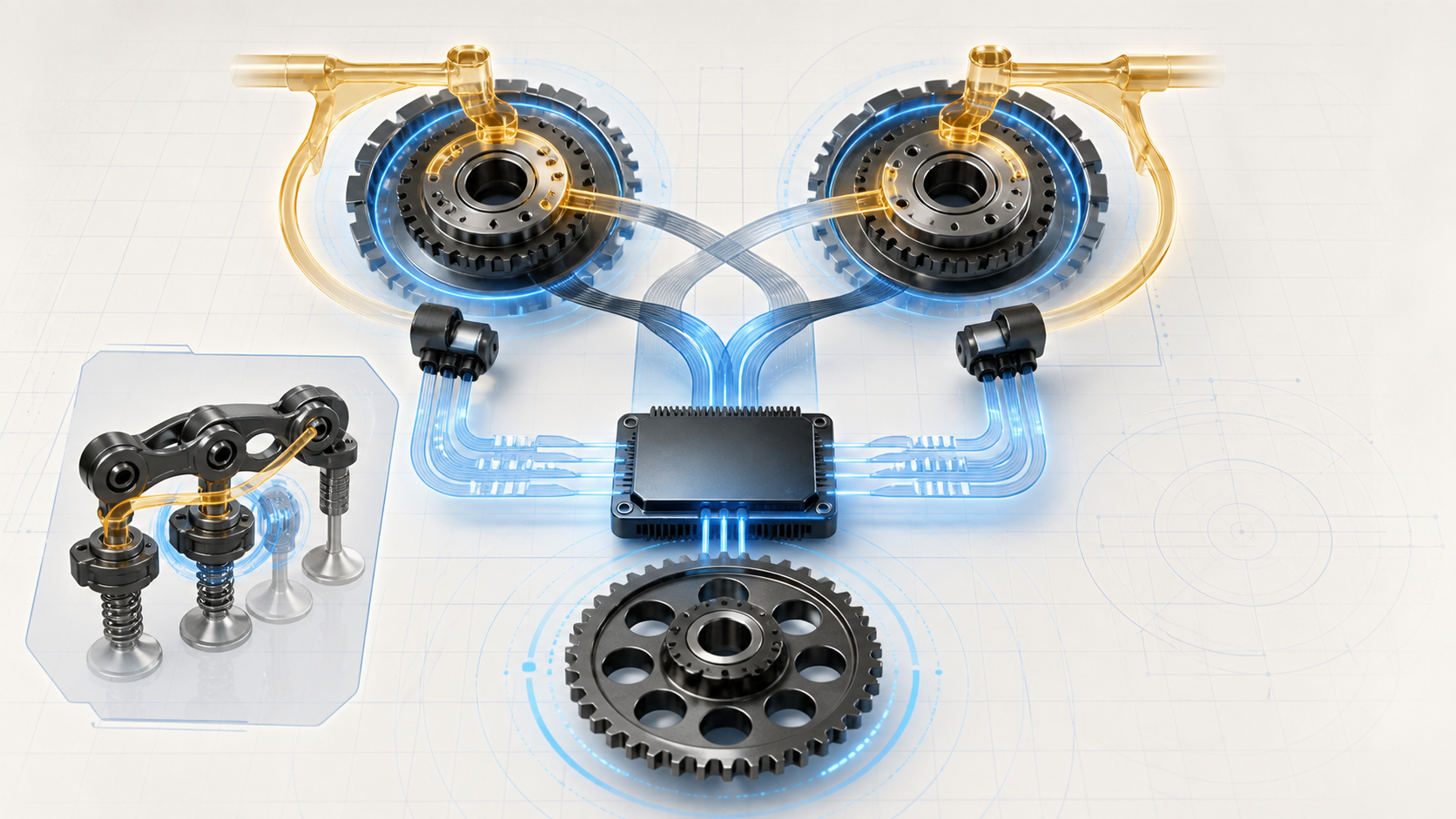 Abstract engine timing illustration showing crank and cam rotation, oil-controlled phase adjustment, position sensing, rocker-arm switching, and electronic feedback