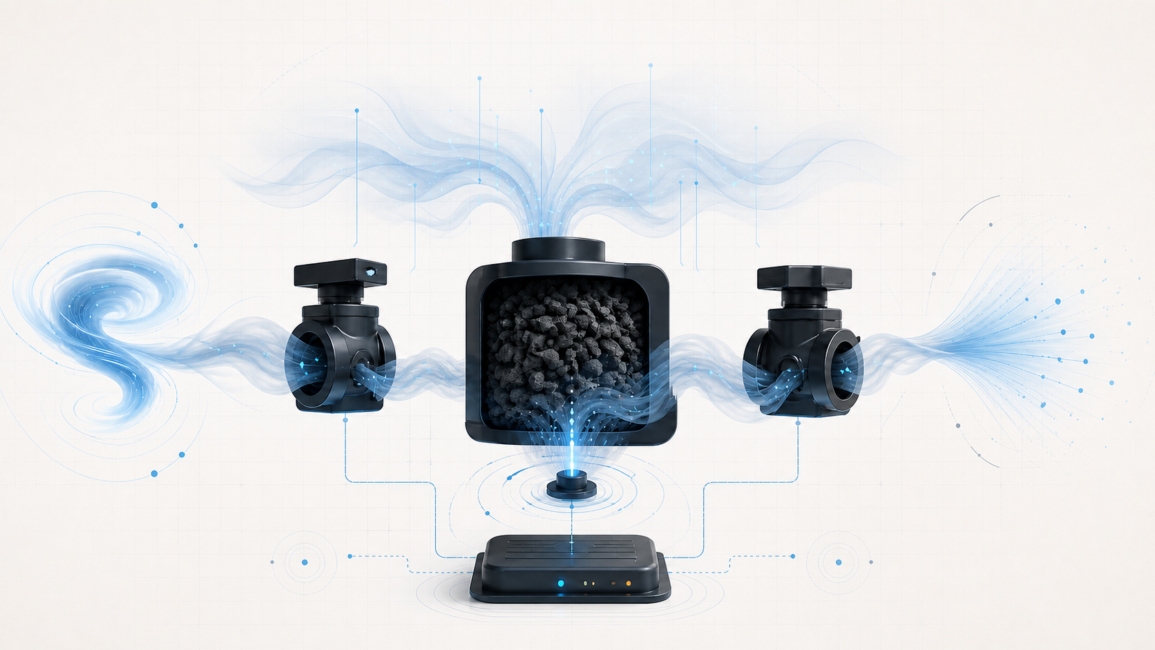 Abstract EVAP system illustration showing vapor storage, charcoal filtration, purge and vent control, pressure sensing, and feedback