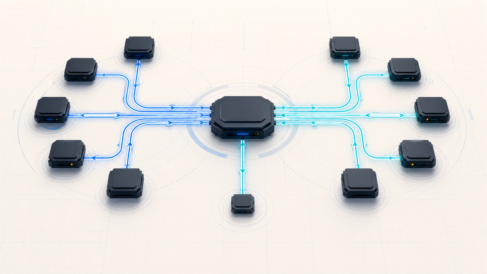 Abstract vehicle network illustration showing two communication domains, a central gateway, a local branch, and bidirectional diagnostic signal flow
