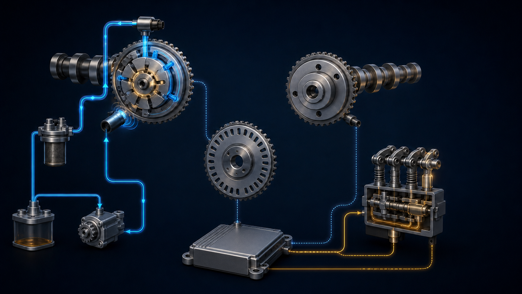 Abstract engine timing illustration showing crank and cam position sensing, intake-only oil-controlled phase adjustment, rocker-arm switching, and electronic feedback