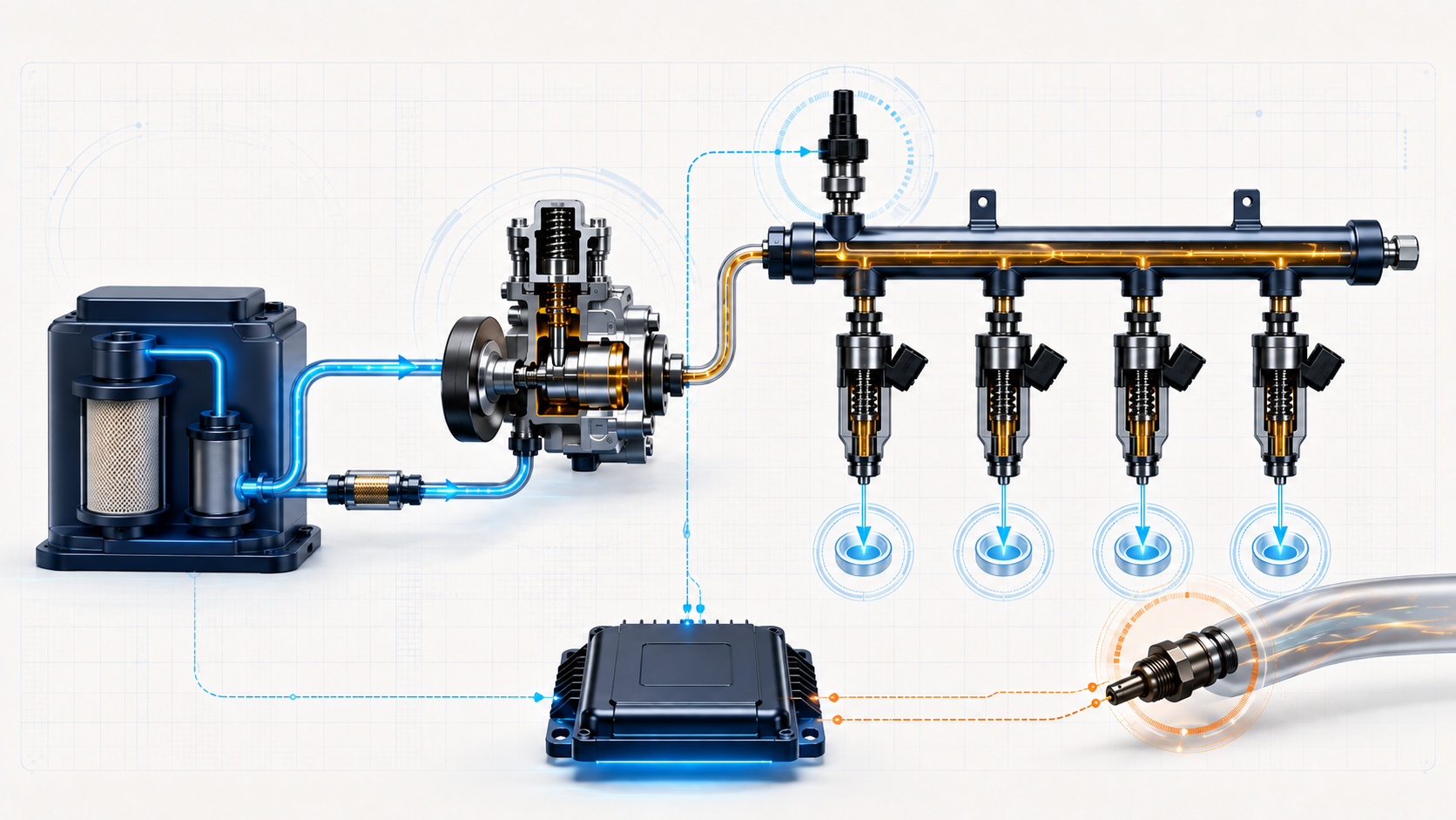 Abstract fuel system illustration showing contained low-pressure supply, high-pressure generation, four injector channels, and pressure and exhaust feedback