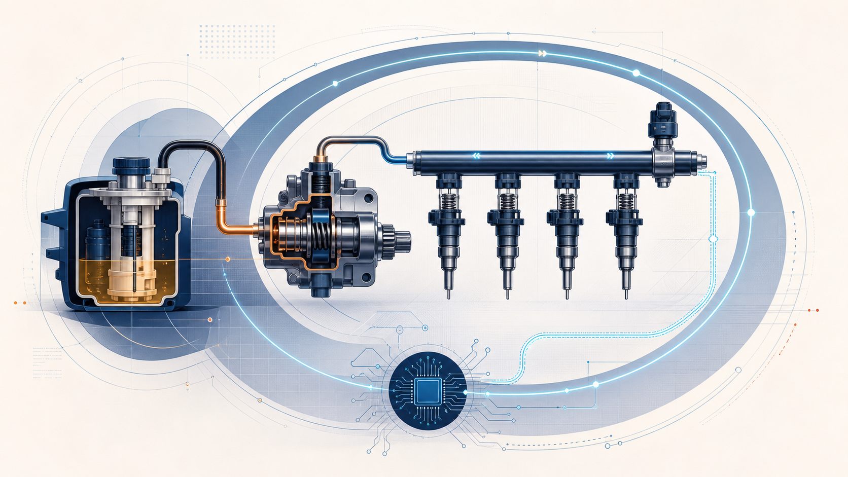 Abstract fuel system illustration showing low-pressure supply, high-pressure generation, rail distribution, four injector metering elements, pressure sensing, and electronic feedback