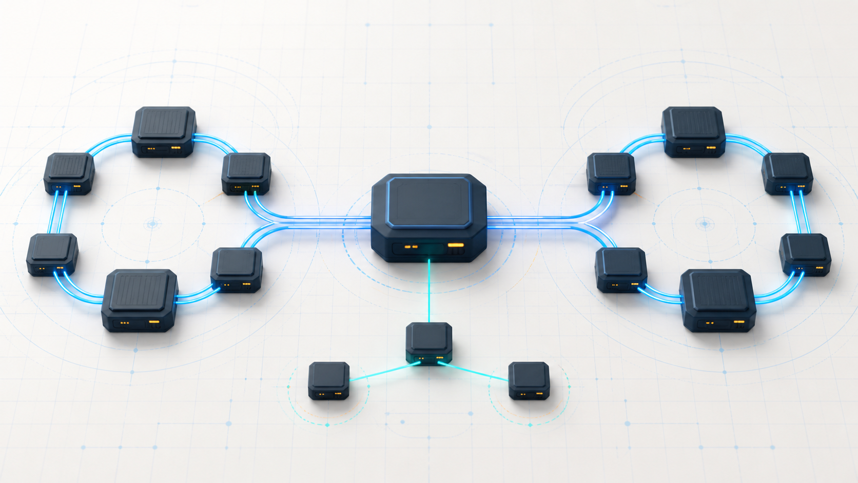 Abstract vehicle network illustration showing control modules, paired communication paths, a central gateway, a local branch, and diagnostic signal flow