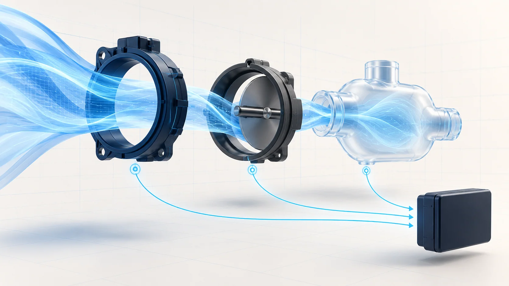 Conceptual airflow ribbon, sensing ring, generic aperture and pressure chamber sending comparison signals to a controller; not an OEM component layout.