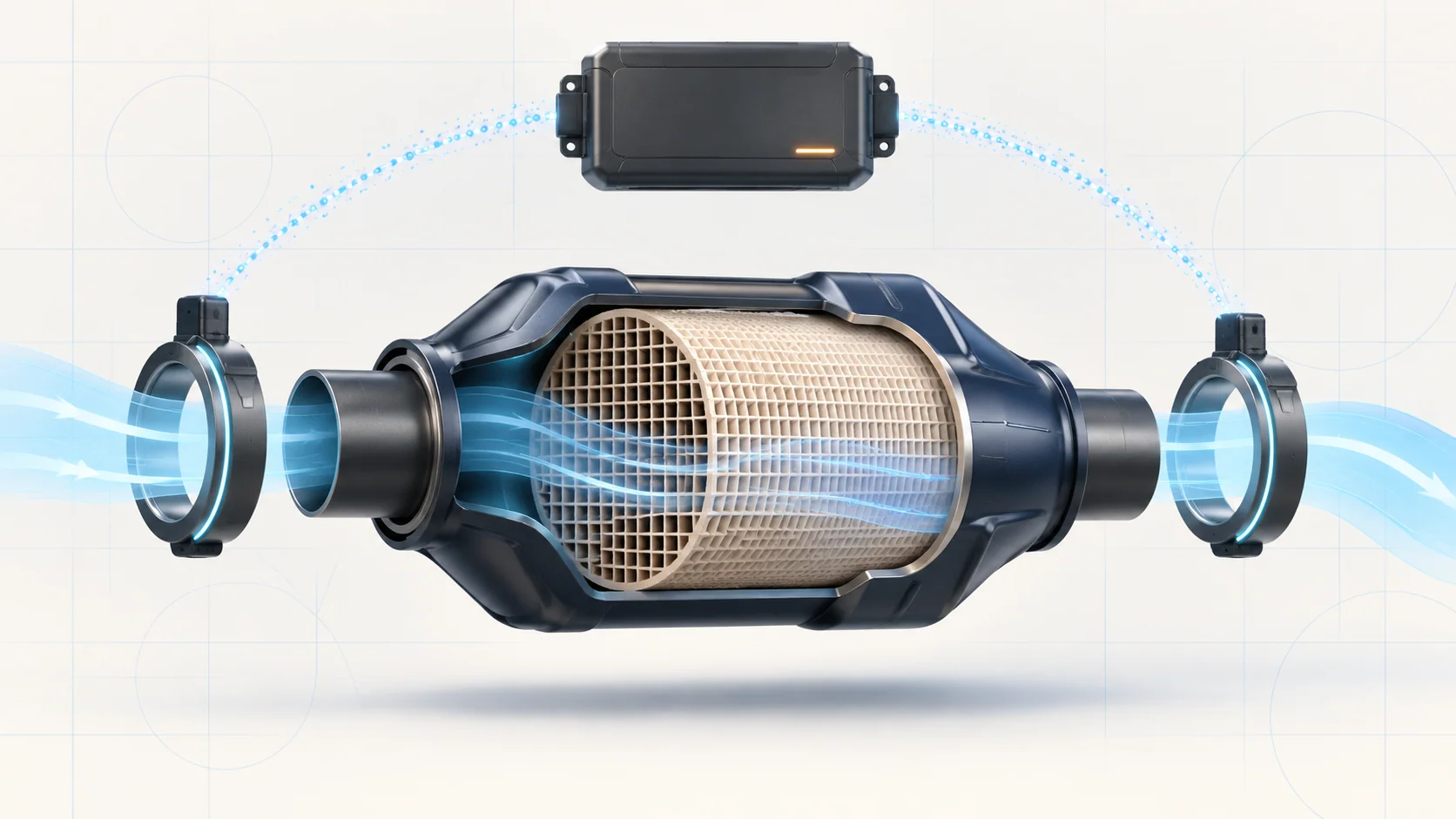 Abstract catalyst honeycomb chamber, separate sensing rings and blank controller with conceptual blue gas and data flows; not an OEM layout or service diagram
