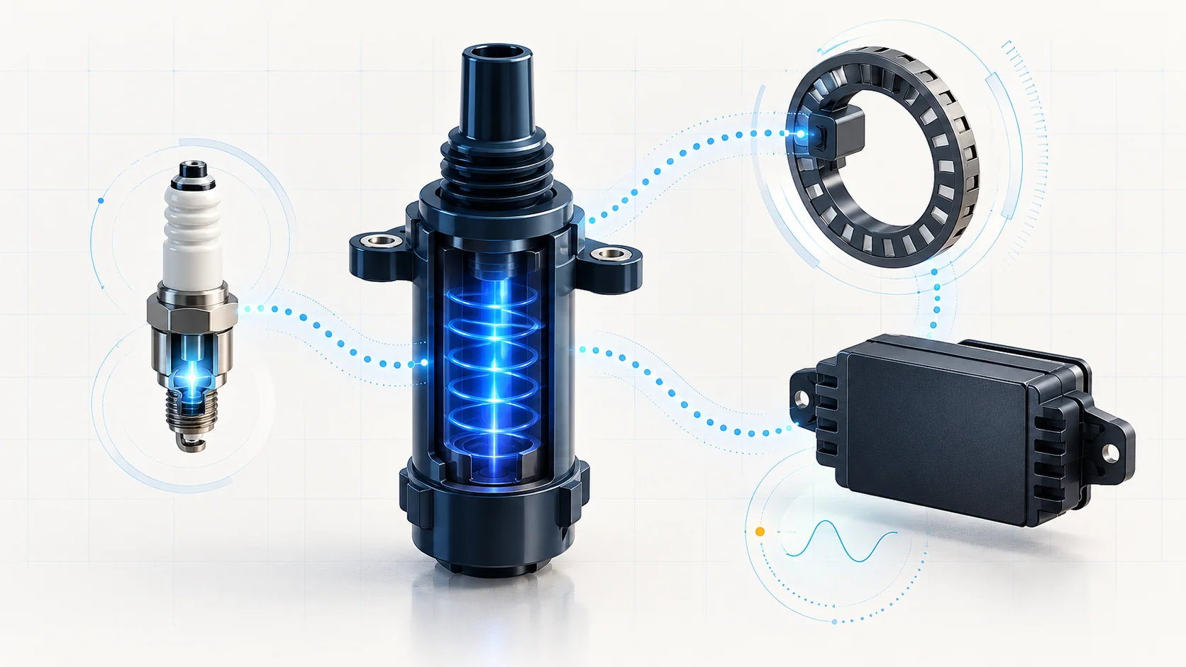 Abstract ignition-energy core, ceramic spark concept, rotation-sensing ring and blank controller; conceptual data flows, not OEM wiring or mounting locations