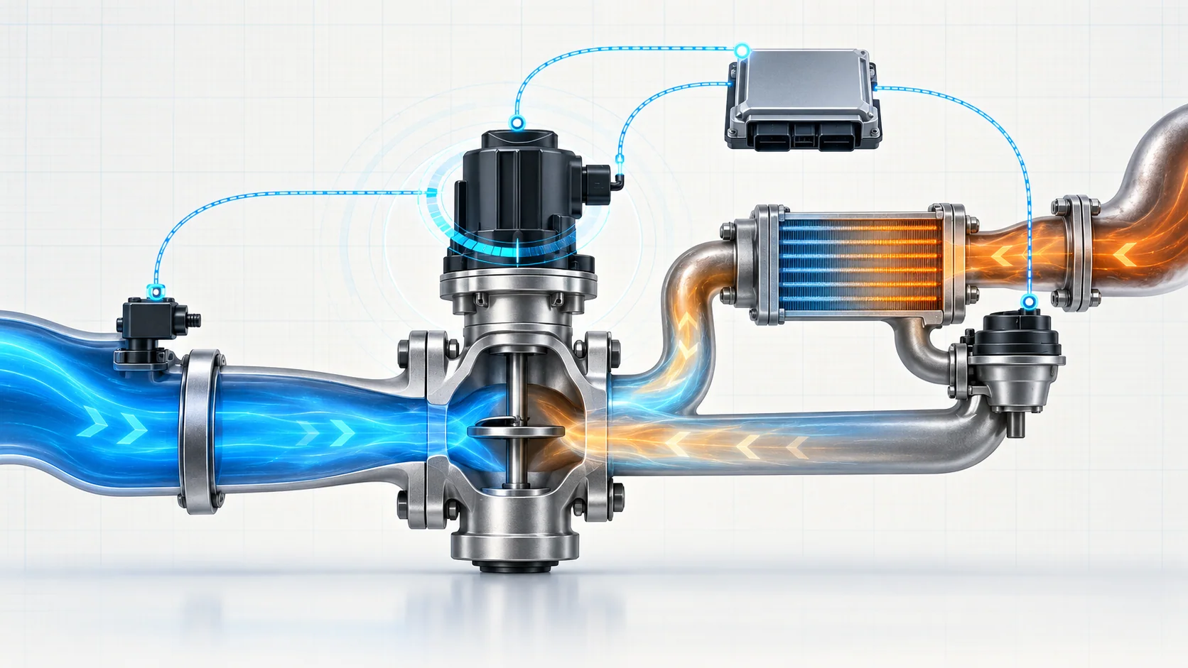 Abstract diesel EGR system illustration with a central valve, cooled exhaust flow, cooler-bypass path, intake flow, and electronic position feedback