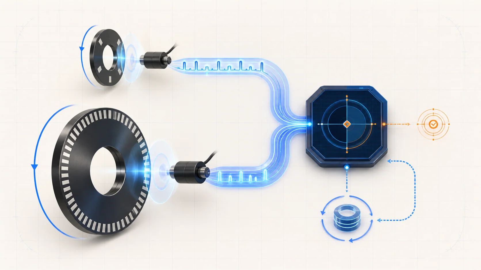 Abstract engine-position system illustration showing crankshaft and camshaft targets, non-contact sensors, synchronized signals, correlation analysis, and learned variation