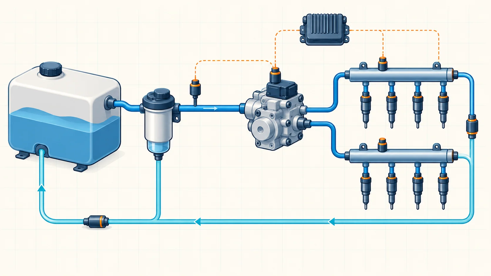 Abstract diesel fuel-system illustration showing supply filtration, pressure generation, rails, injectors, return flow, and electronic feedback