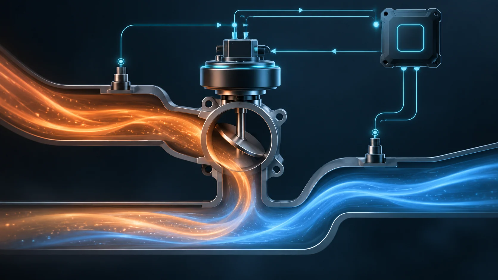 Abstract EGR control illustration with a central valve, warm exhaust flow, cool intake flow, pressure feedback, and electronic control loop
