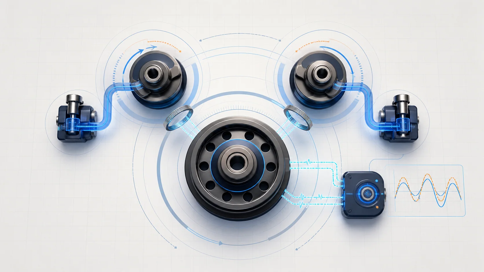 Abstract engine timing and VCT illustration showing crank and cam rotation, oil-controlled phase adjustment, position sensing, and feedback comparison