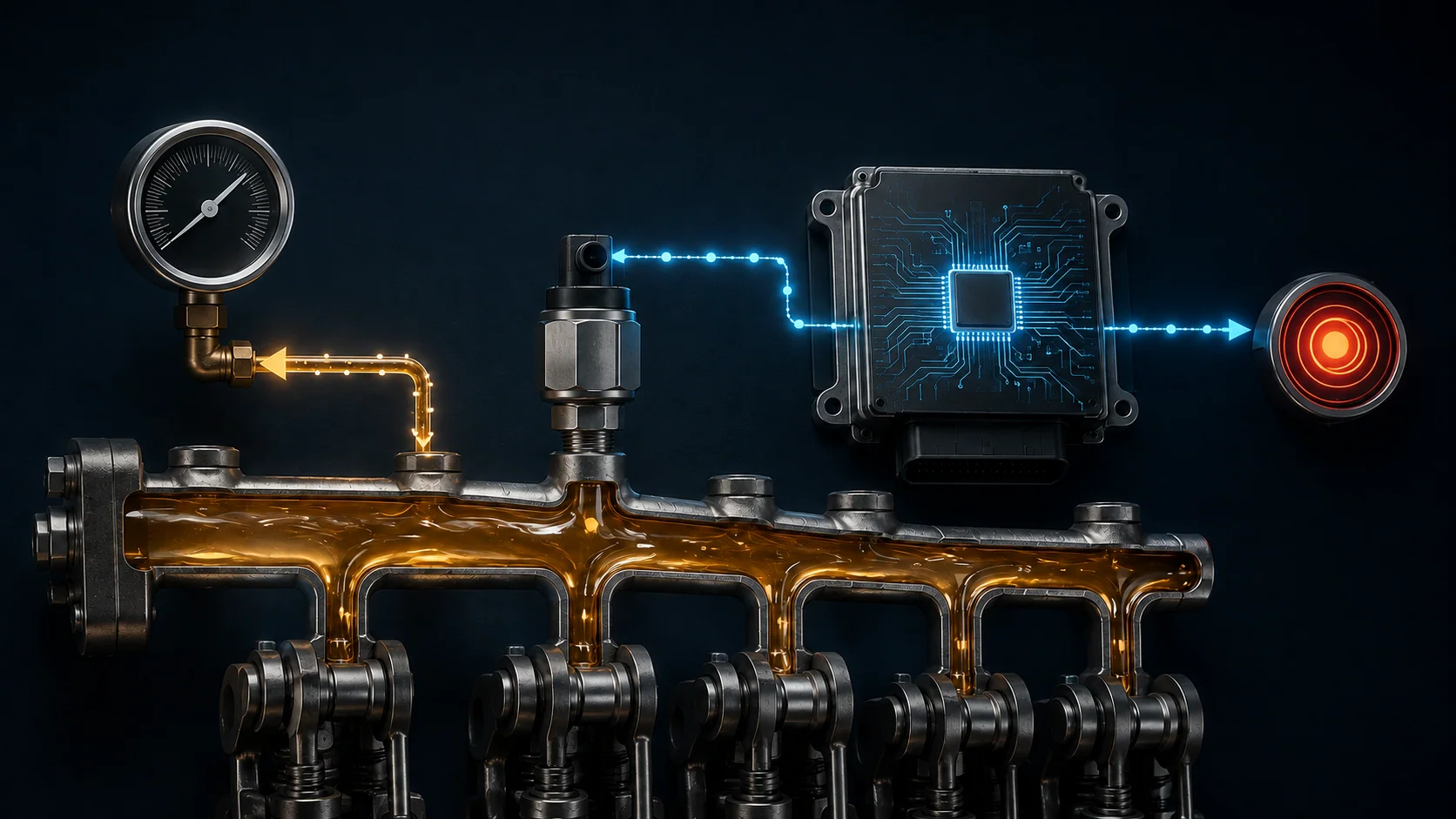 Abstract oil-pressure monitoring illustration showing an oil gallery, pressure sensor, mechanical verification gauge, electronic controller, signal feedback, and warning node