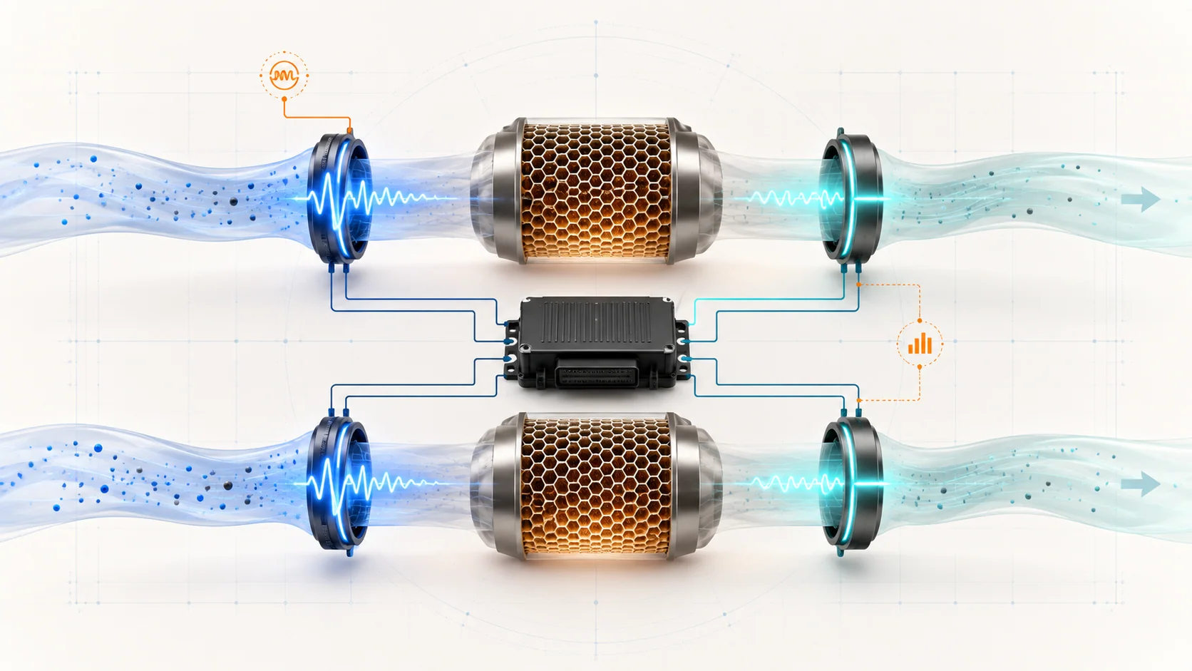 Abstract two-bank oxygen sensor and catalyst monitoring illustration showing upstream feedback, catalyst sections, downstream sensing, heater monitoring, and control signals