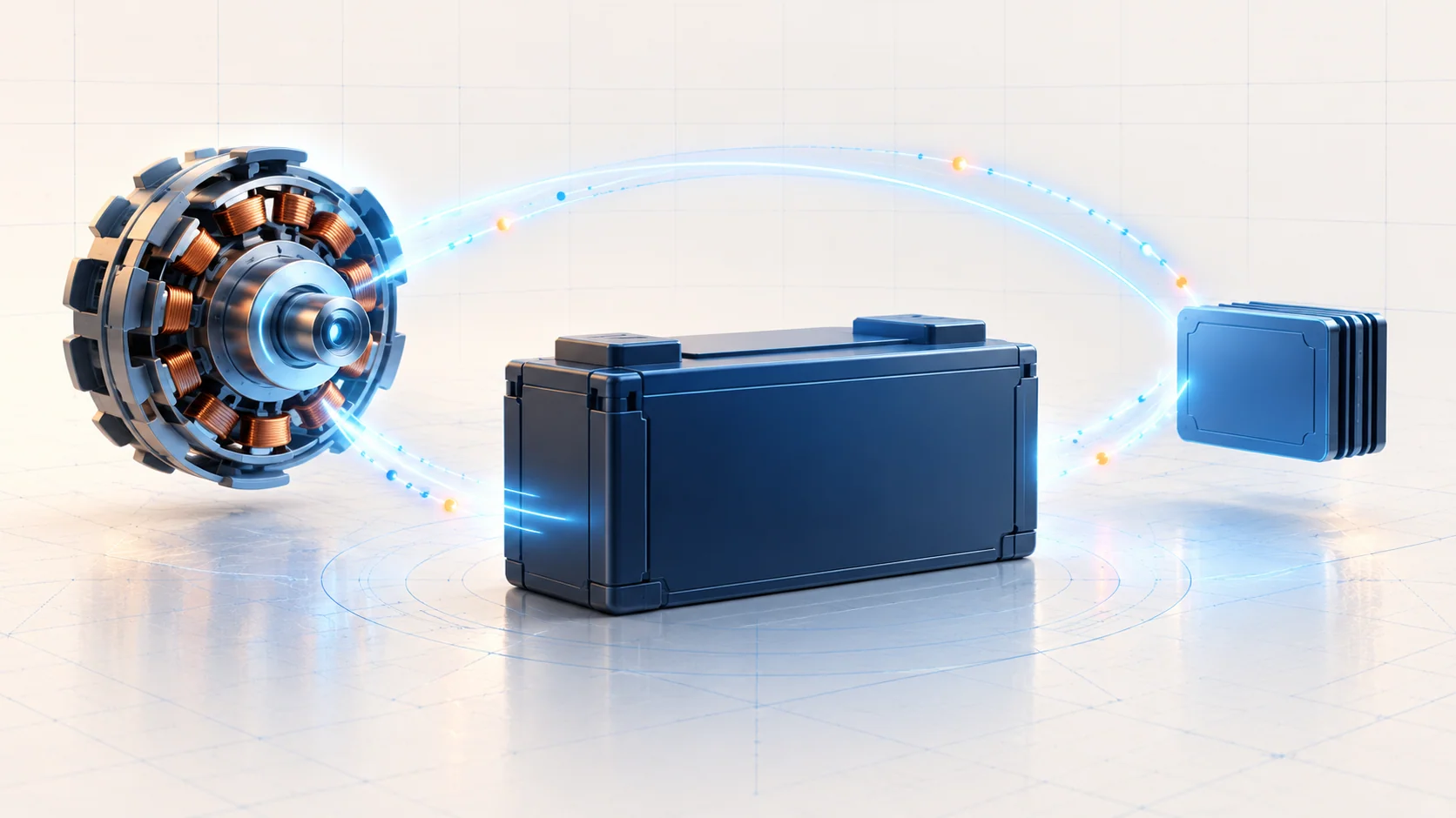 Abstract generator, blank energy-storage block and controller with conceptual blue feedback arcs; not OEM wiring or component locations