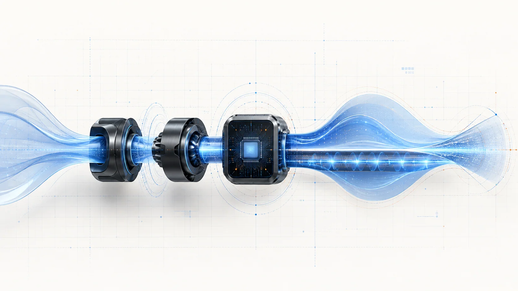 Abstract fuel delivery and control illustration showing low-pressure flow, pressure generation, sensing, electronic feedback, and two conceptual injection-flow strategies