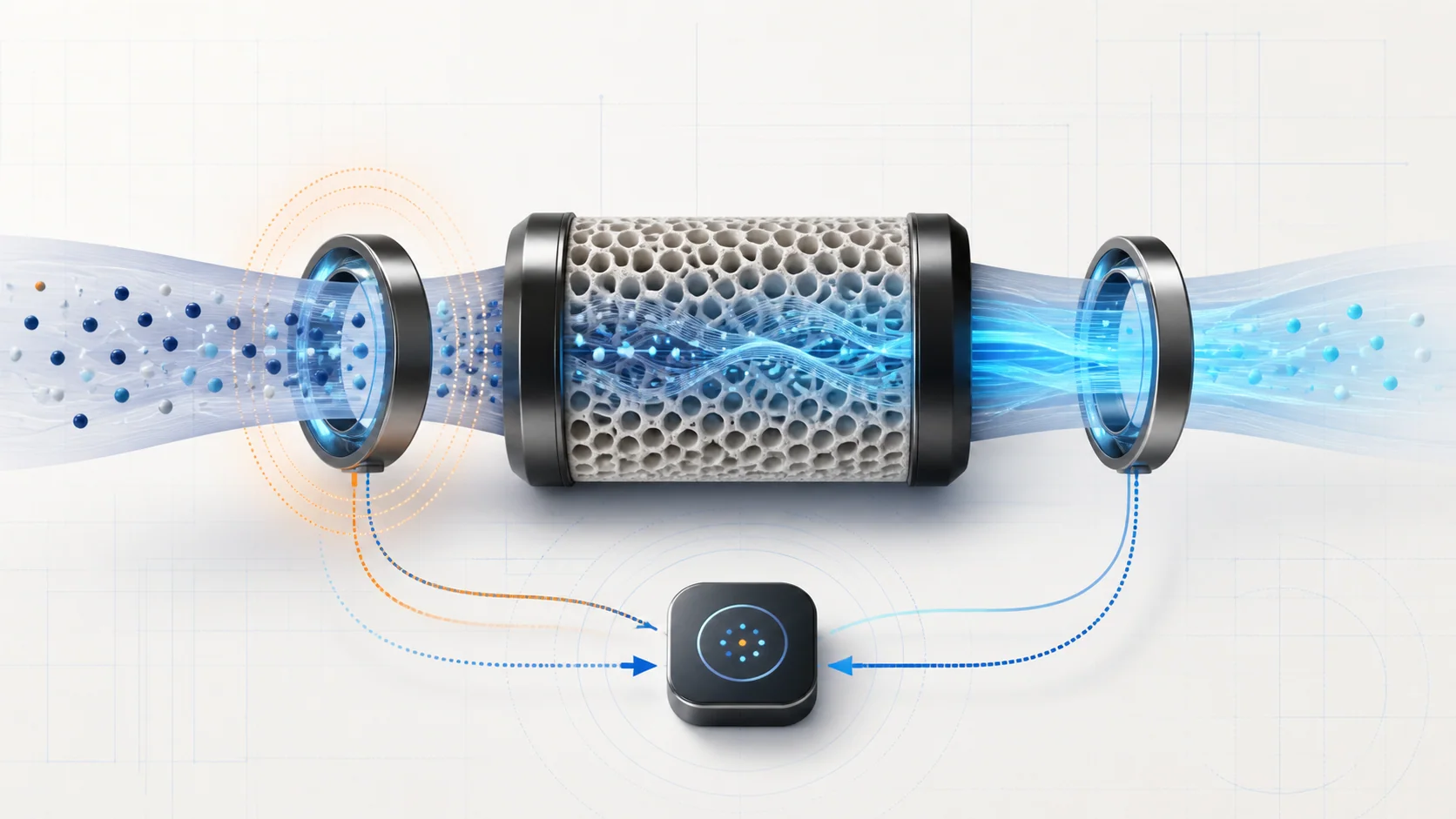 Abstract oxygen-sensor and catalyst-monitoring illustration showing upstream heating, exhaust feedback, oxygen storage, downstream sensing, and electronic comparison