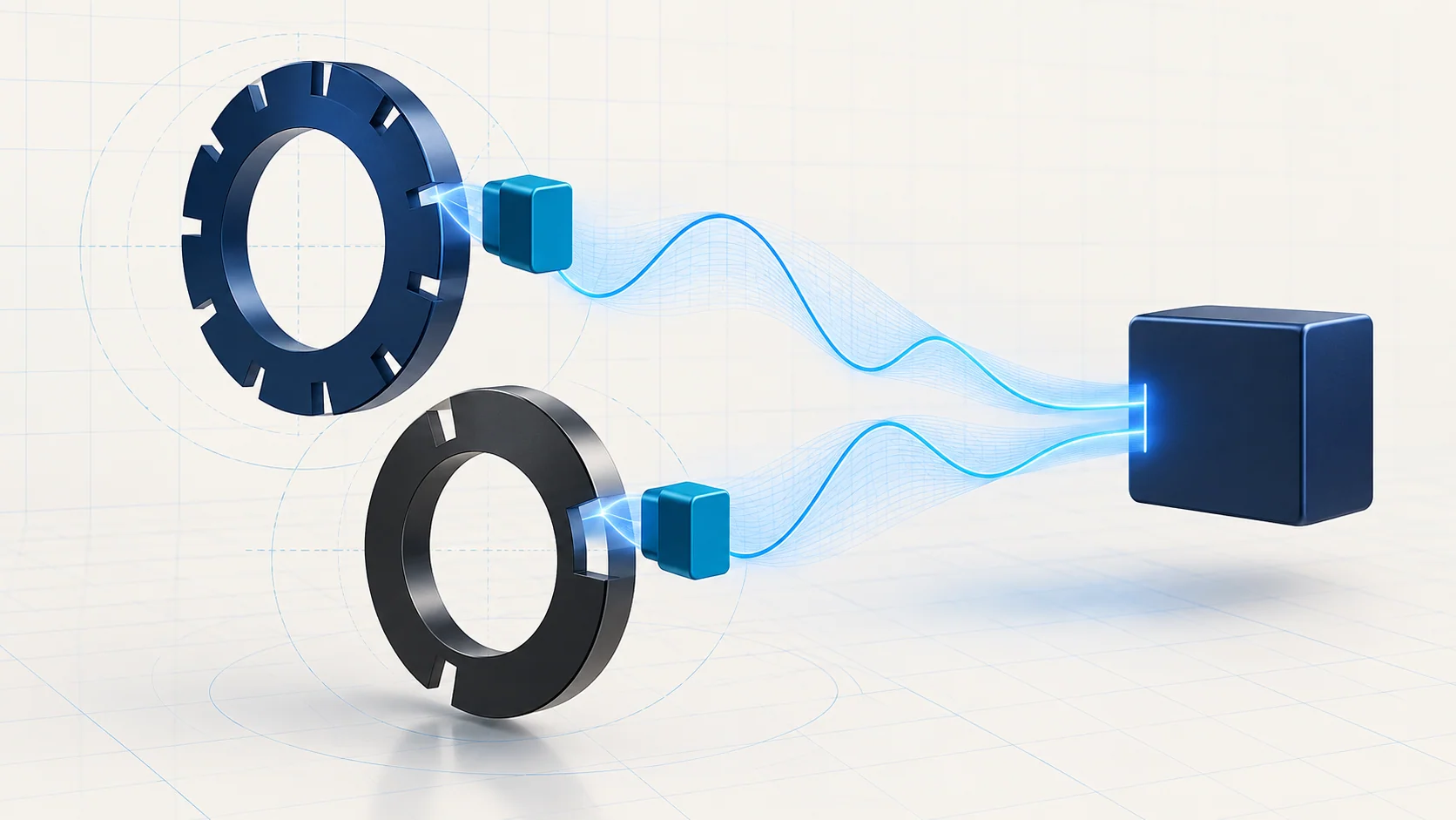Abstract rotating reference rings and sensing blocks sending blue signals to a navy controller; conceptual illustration, not an OEM layout.