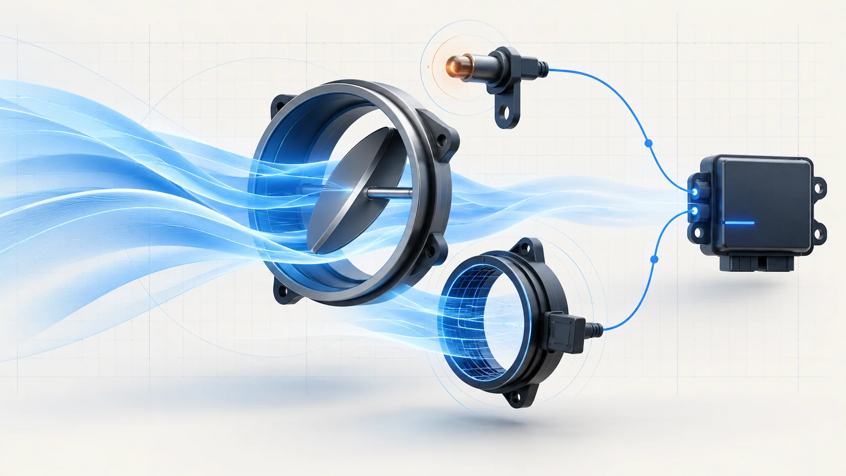 Abstract airflow aperture, sensing ring and temperature module sending conceptual signals to a controller; not an OEM layout