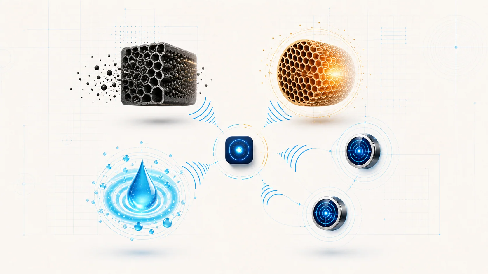 Abstract diesel aftertreatment illustration showing soot filtration, catalyst heat, reductant delivery, sensing, and feedback control