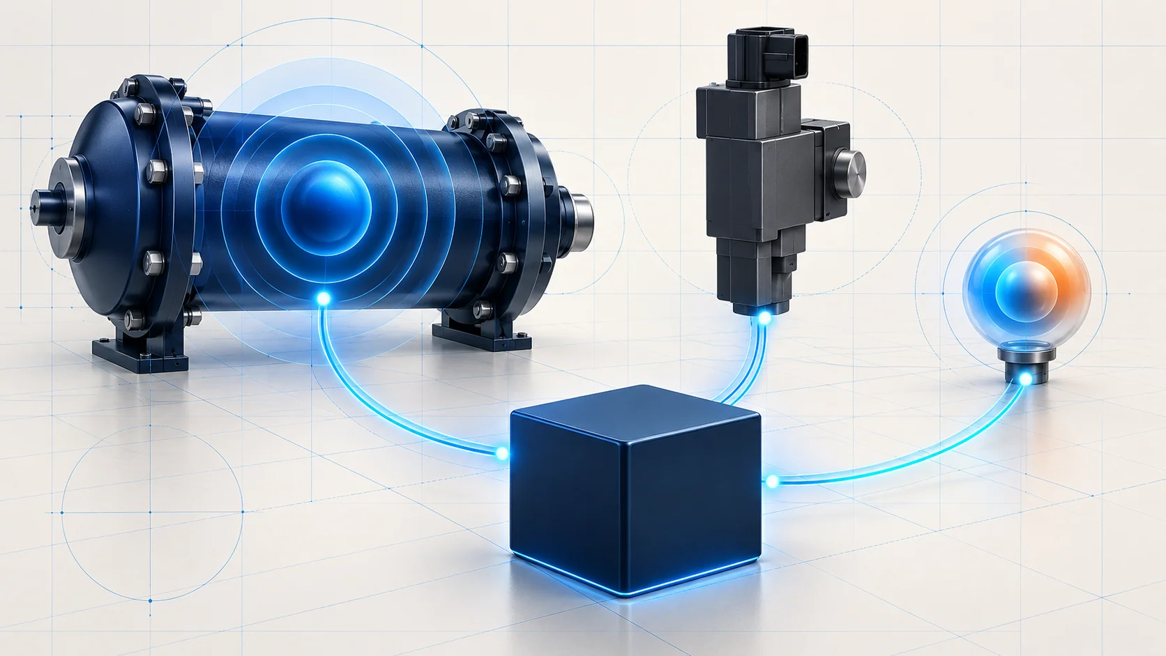 Abstract pressure chamber, injector command module and temperature input linked to a blank control block; not an OEM layout or service schematic