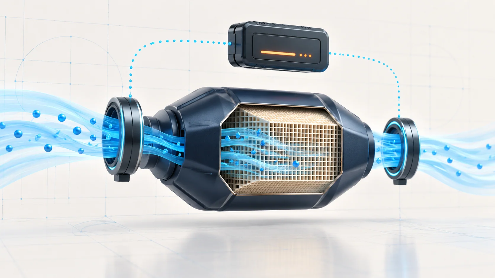 Abstract catalyst honeycomb chamber with two sensing rings, blue flow ribbons and a controller; conceptual monitoring, not an OEM layout