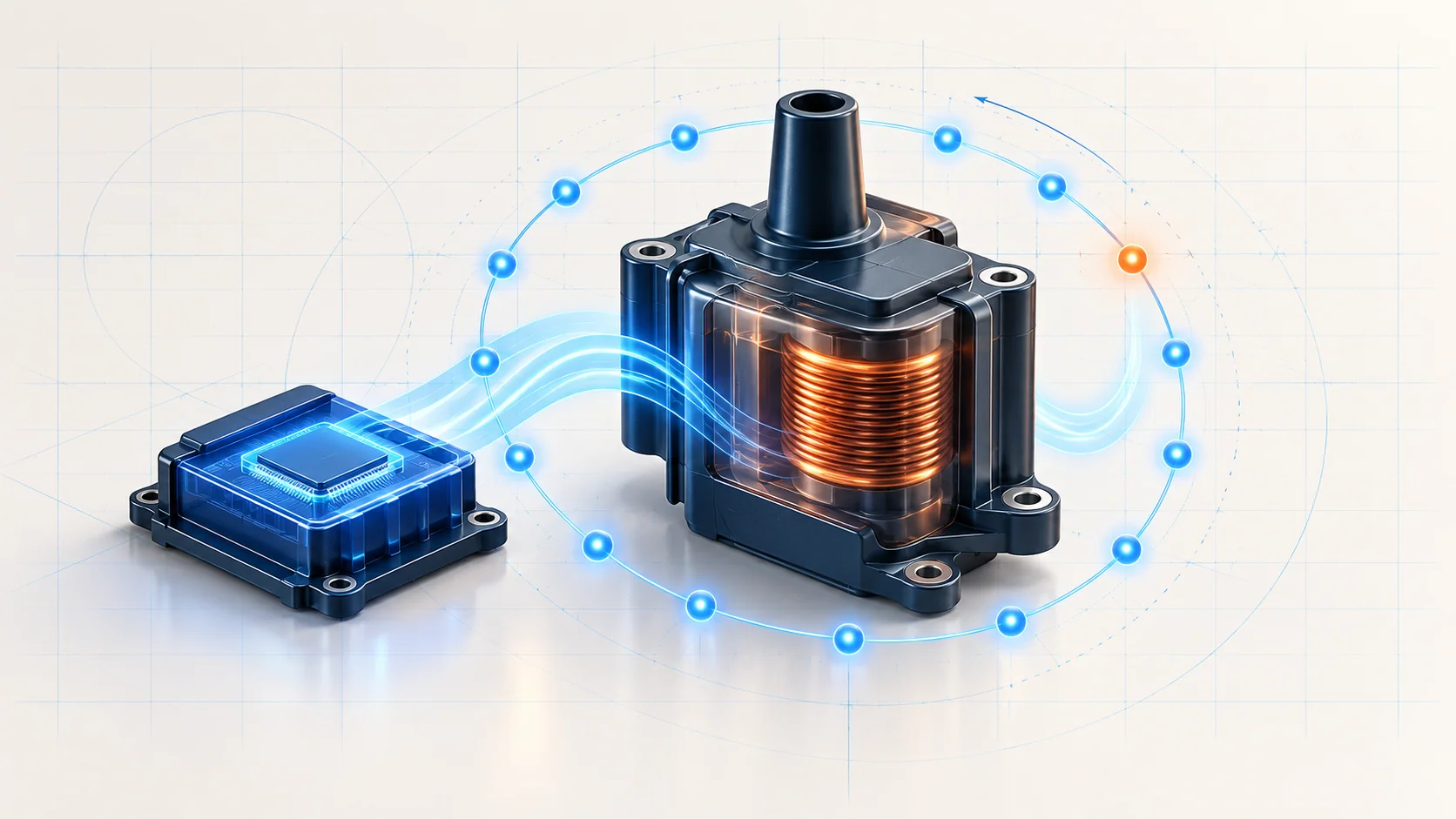 Abstract ignition-energy module, controller and rotational data dots; conceptual signals, not OEM wiring, cylinder order or mounting locations