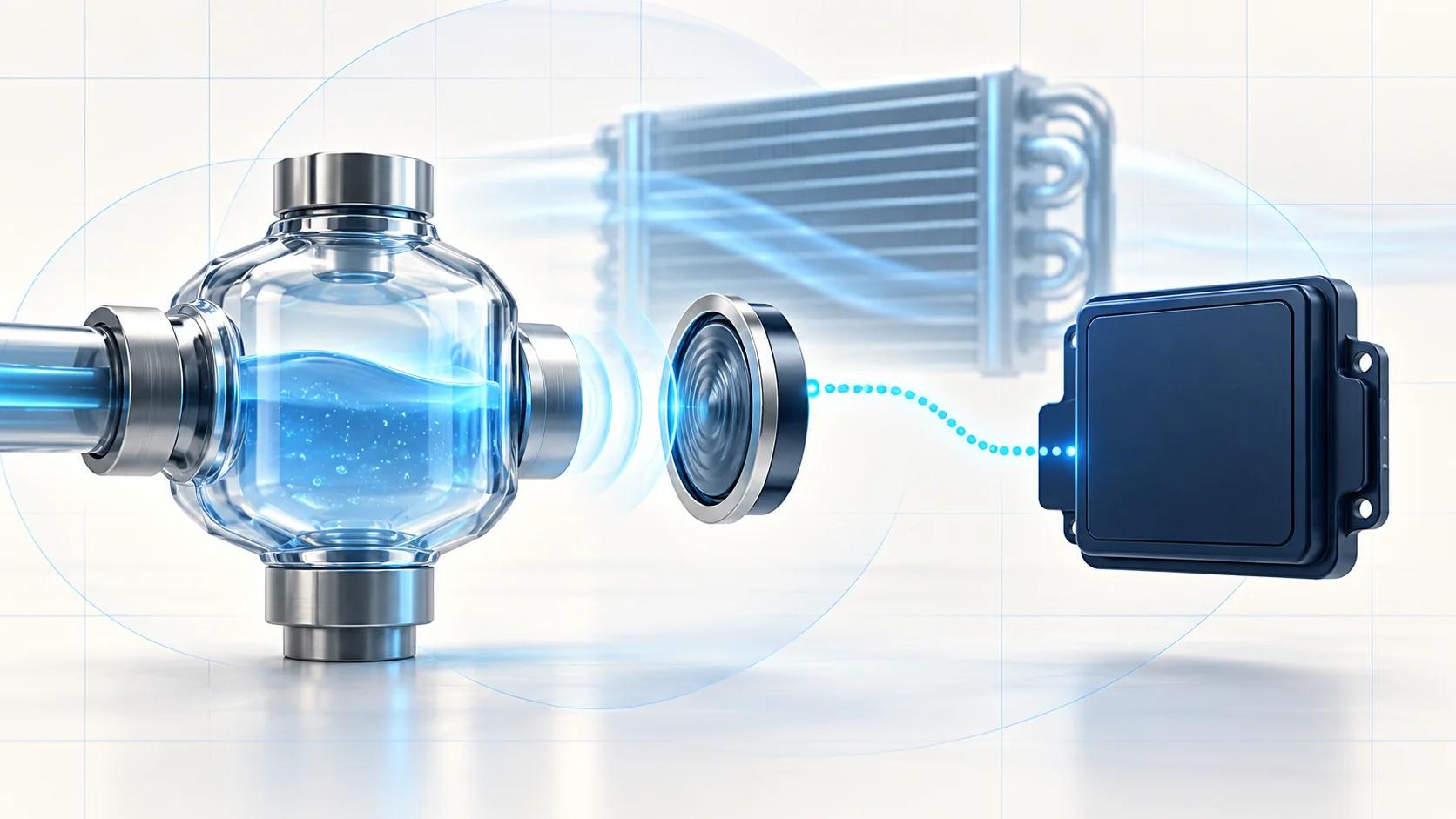 Abstract sealed pressure chamber, sensing ring and blank controller with blue data dots; conceptual A/C pressure feedback, not an OEM layout or service diagram