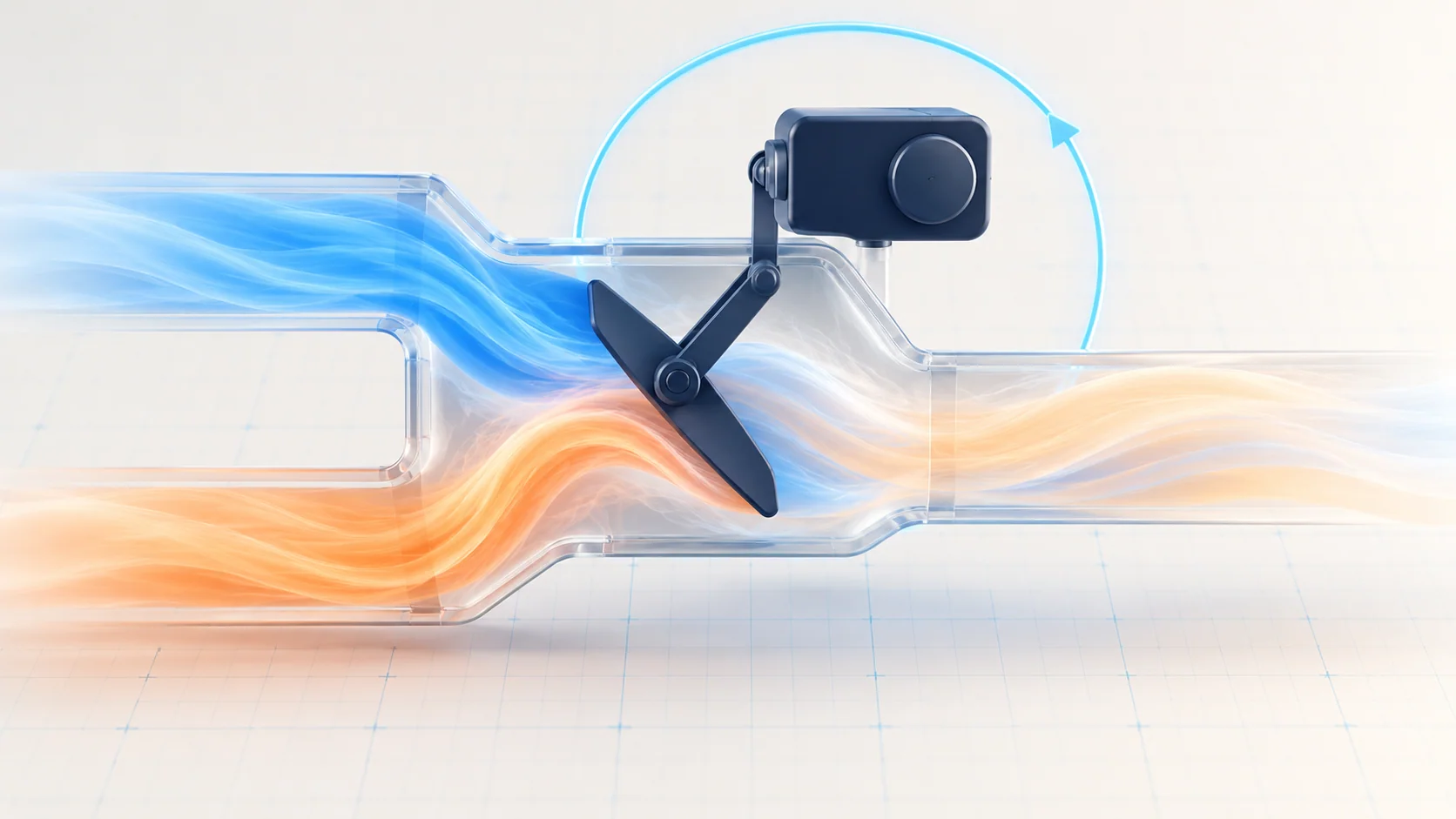 Conceptual air-mix gate and actuator with cool and warm airflow ribbons and a feedback ring; not OEM hardware or a service schematic