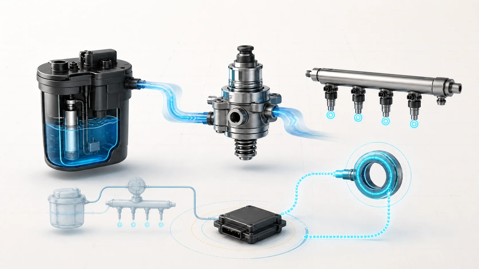 Abstract fuel-system illustration contrasting multiport supply with low-pressure delivery, high-pressure generation, injector metering, and electronic feedback